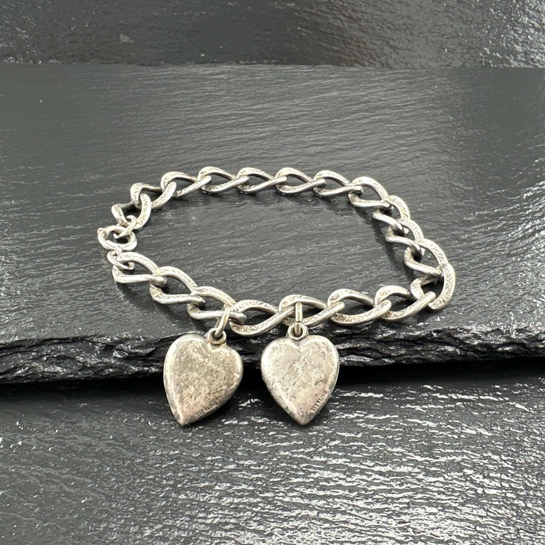 Victorian Sterling Silver Link Bracelet With Heart Charms, Circa