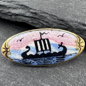 Norwegian Sterling Silver Viking Ship Enamel Brooch