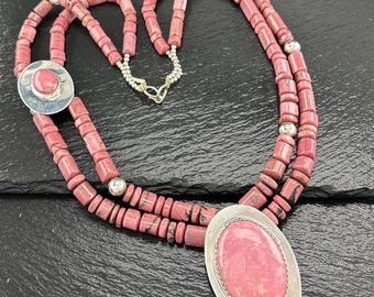 Southwestern Statement Rhodonite Bead Sterling Silver Necklace 23"