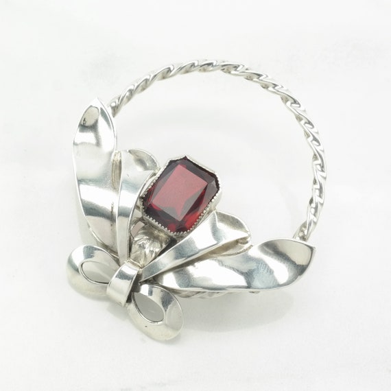 Art Deco Sterling Silver Bow Brooch Red Paste - image 3