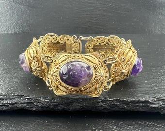 Chinese Export Sterling Silver Amethyst Bracelet: Gold Gilded Filigree