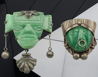 Taxco Sterling Silver Brooch Aztec Carved Jade