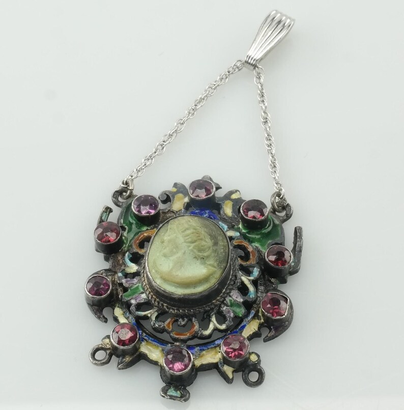 Vintage emaljpyropgranat lavasten cameo sterlingsilver flerfärgat hänge bild 5