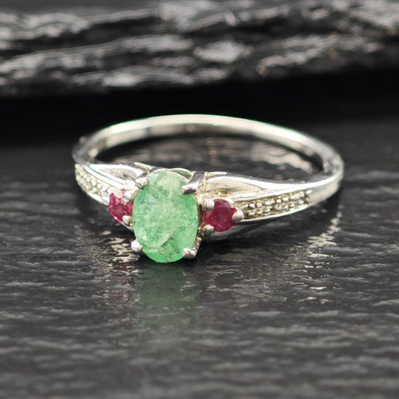 Emerald, Ruby Gemstone Ring Sterling Silver Sz 9 - image 3