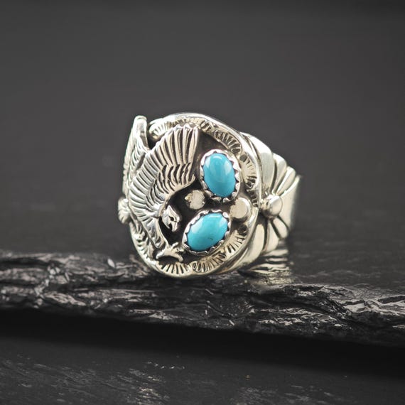 Native American Eagle Block Turquoise Ring Sterli… - image 6