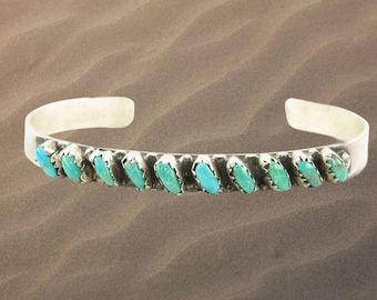 Zuni Sterling Silver Cuff Bracelet Green Blue Turquoise Petit Point