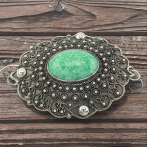Green Peking Glass Brooch Pendant Filigree Sterling Silver