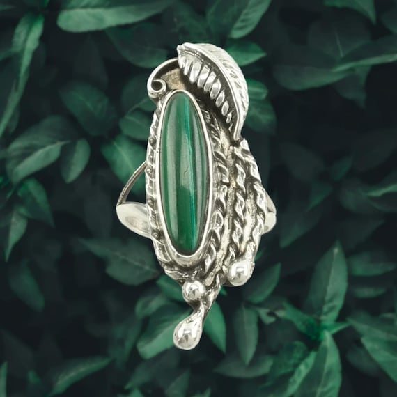 Malachite Statement Ring: Silver Leaf Navette (Si… - image 1