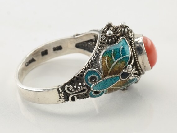 Vintage Chinese Export Silver Ring Coral Enamel B… - image 6