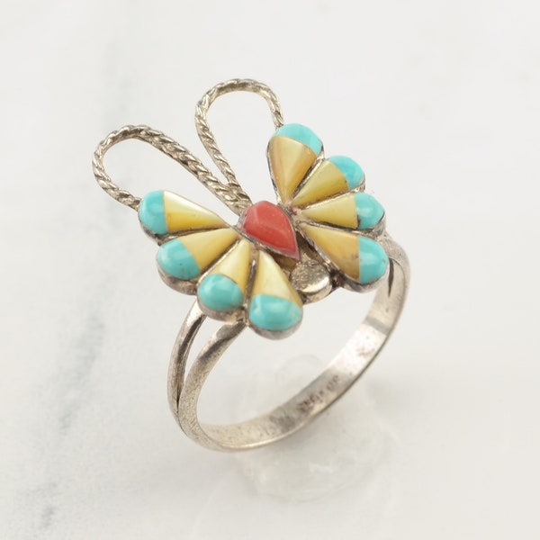 Vintage Southwest Silver Ring Turquoise, Coral, MOP Butterfly Sterling  Size 8 1/2