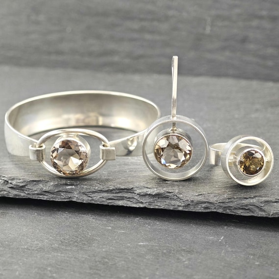 Smoky Quartz Sterling Silver Jewelry Set From Denmark