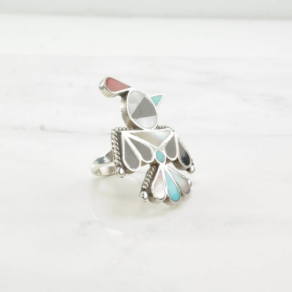Vintage Zuni Silver Ring MOP Turquoise Onyx Coral… - image 5