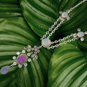 Nicky Butler Sterling Silver Rainbow Pink Moonstone Gemstone Floral Cluster Teardrop Necklace