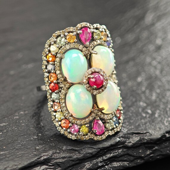 Oxidized Sterling Silver Ring with Ruby, Opal, Di… - image 3