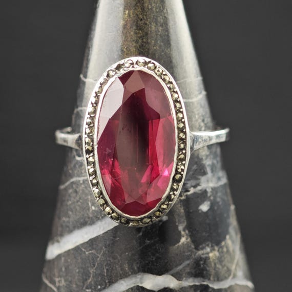 Art Deco Style Lab Ruby Ring Sterling Silver Sz 7 - image 9