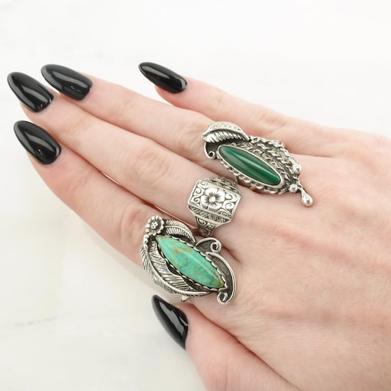 Malachite Statement Ring: Silver Leaf Navette (Si… - image 2