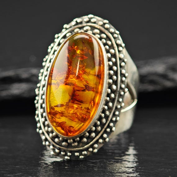 Oval Amber Ring: Sterling Silver Statement Jewelr… - image 1