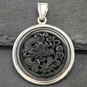 Vintage Carved Gemstone Dragon Sterling Silver Dark Green Pendant