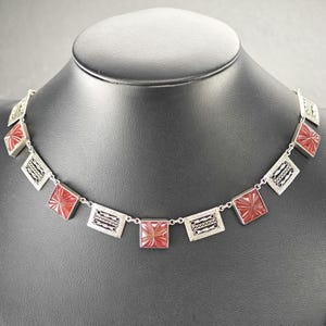 Vintage Modernist Sterling Silver Carved Glass Filigree Necklace