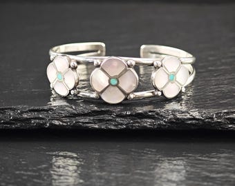 Sterling Silver Cuff Bracelet: Zuni Inlay With Mother of Pearl - 5