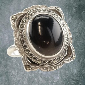 Vintage Art Deco Silver Ring Onyx Marcasite Oval Sterling Black Size 4 1/2