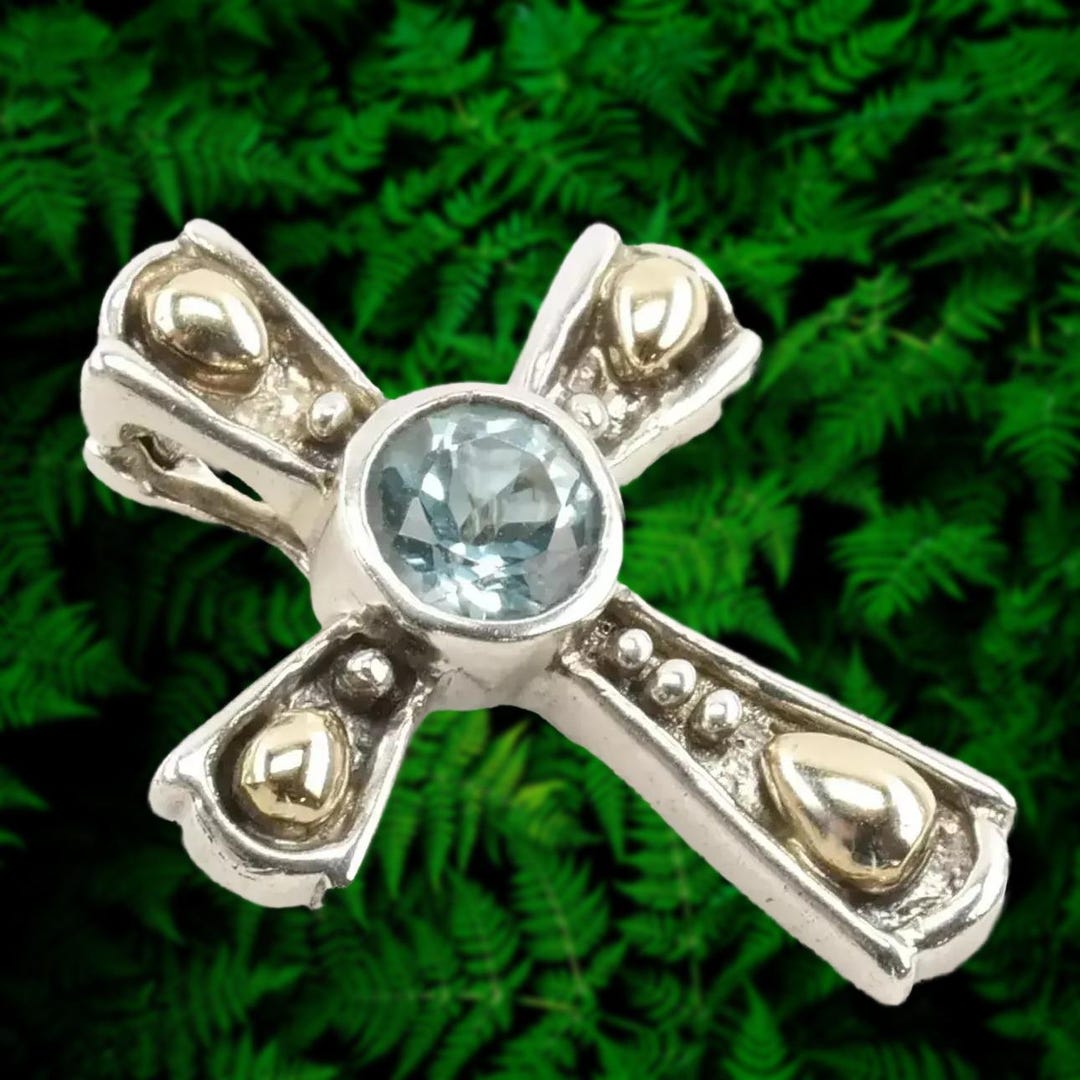 Pendentif Croix Vintage Argent Sterling 925 Topaze Bleue - Années 80, Collier 18 Pouces, Fait Main UK