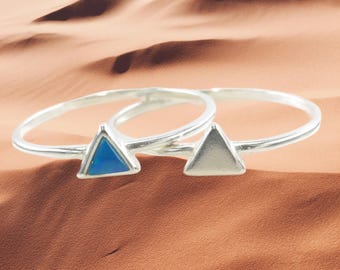 Vintage Minimalist Silver Ring Lab Opal Triangle Sterling Blue Size 6-8