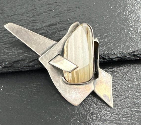 Mid-Century Modern Agate Abstract Sterling Silver Brooch Signed RWW
