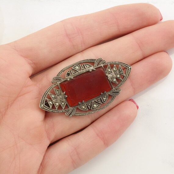 Art Deco Sterling Silver Brooch Carnelian Marcasi… - image 6