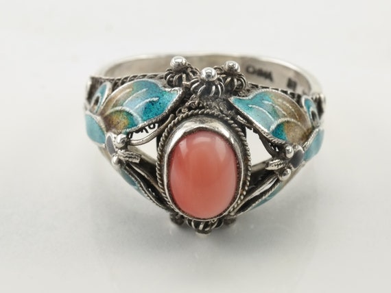 Vintage Chinese Export Silver Ring Coral Enamel B… - image 4