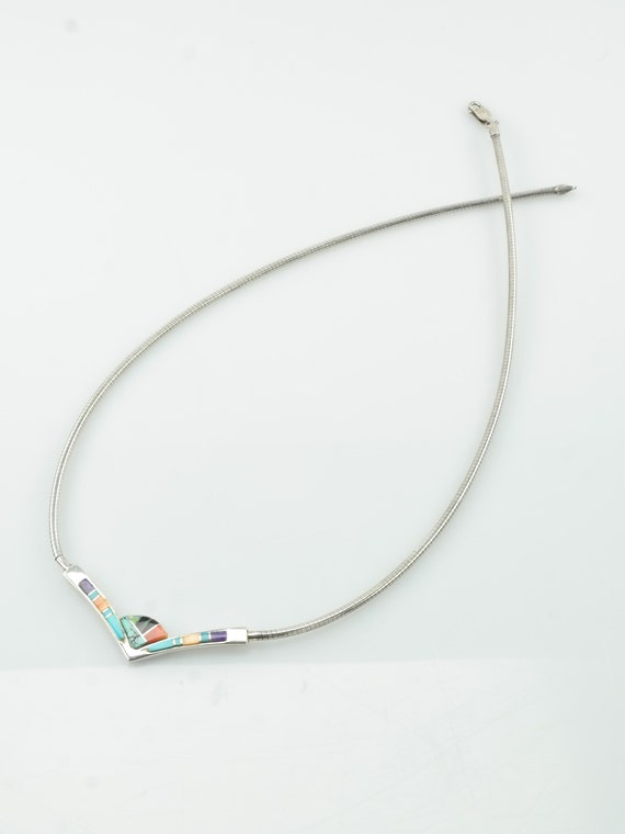 Vintage Sterling Silver Multicolor Inlay Necklace