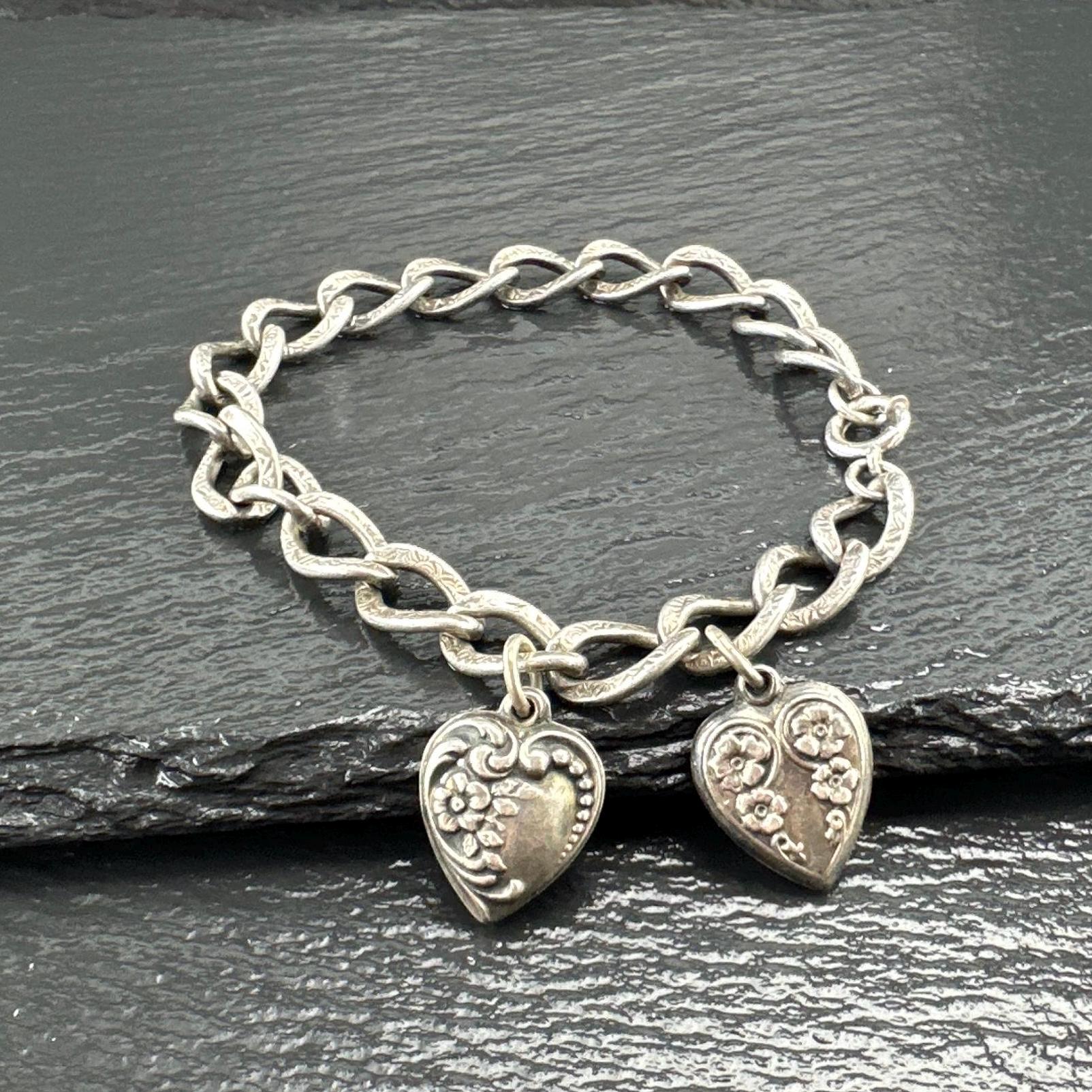 Victorian Sterling Silver Link Bracelet With Heart Charms, Circa