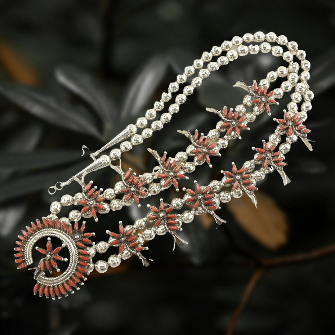 Vintage Zuni Sterling Silver Red Coral Petit Point, Floral Squash