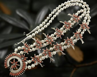 Vintage Zuni Sterling Silver Red Coral Petit Point, Floral Squash