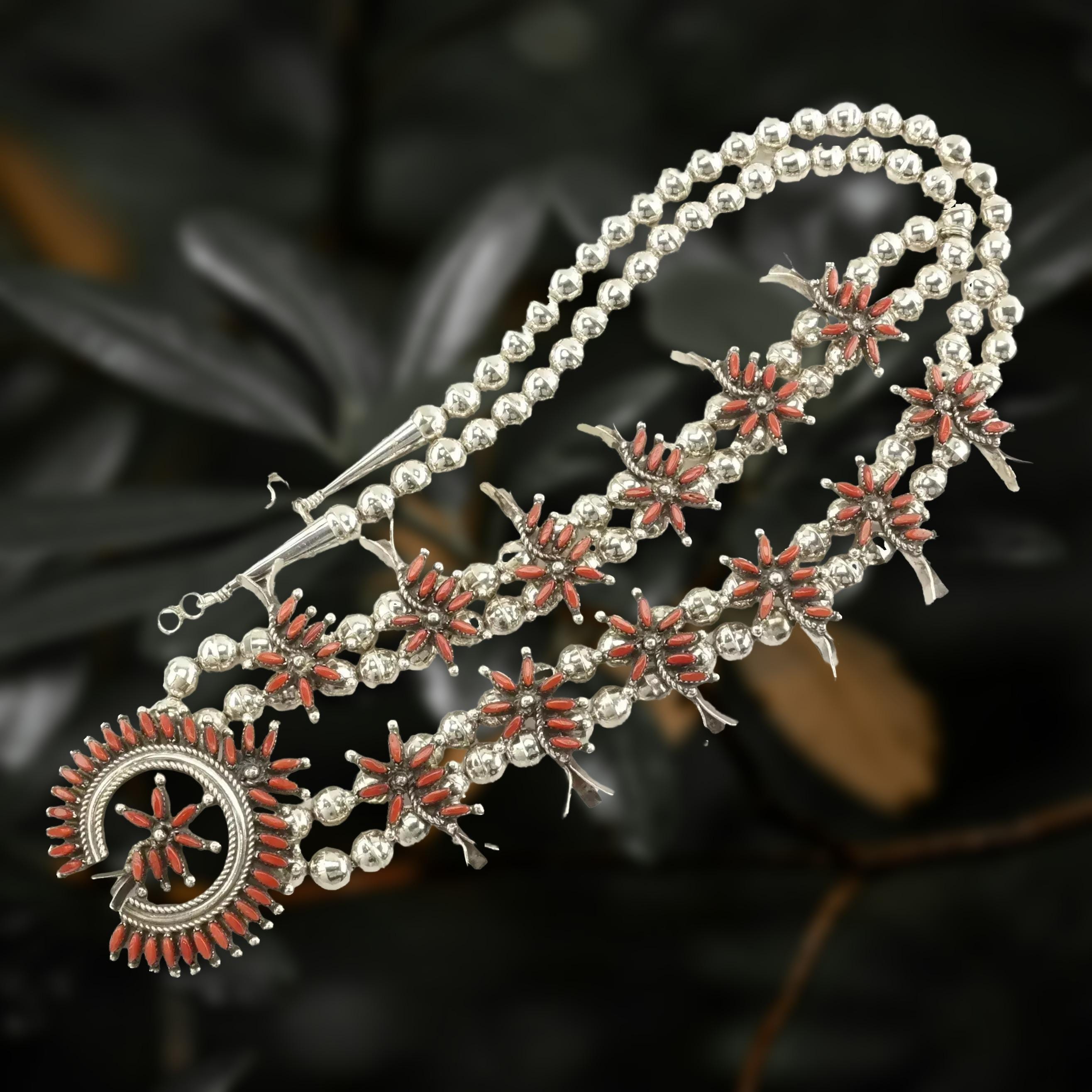 Vintage Zuni Sterling Silver Red Coral Petit Point, Floral Squash