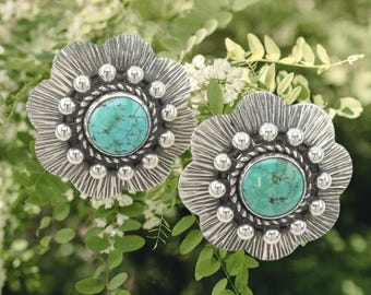 Vintage Blau Türkis Ohrringe aus 925 Silber mit Blumenmuster