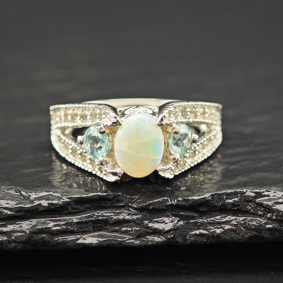 Opal Silver Statement Ring with Blue Gems (Size 7) - image 5