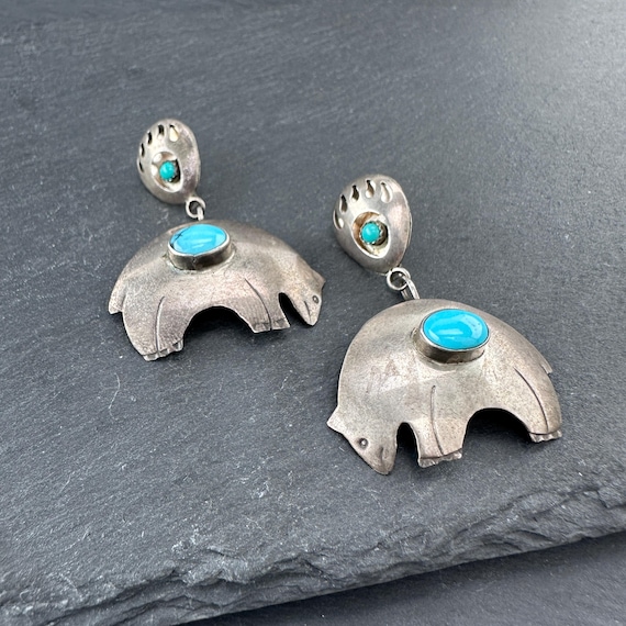 Native American, Turquoise Bear Stud/Dangle Earri… - image 5
