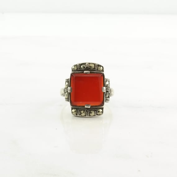 Vintage Art Deco Silver Ring Carnelian Marcasite … - image 2