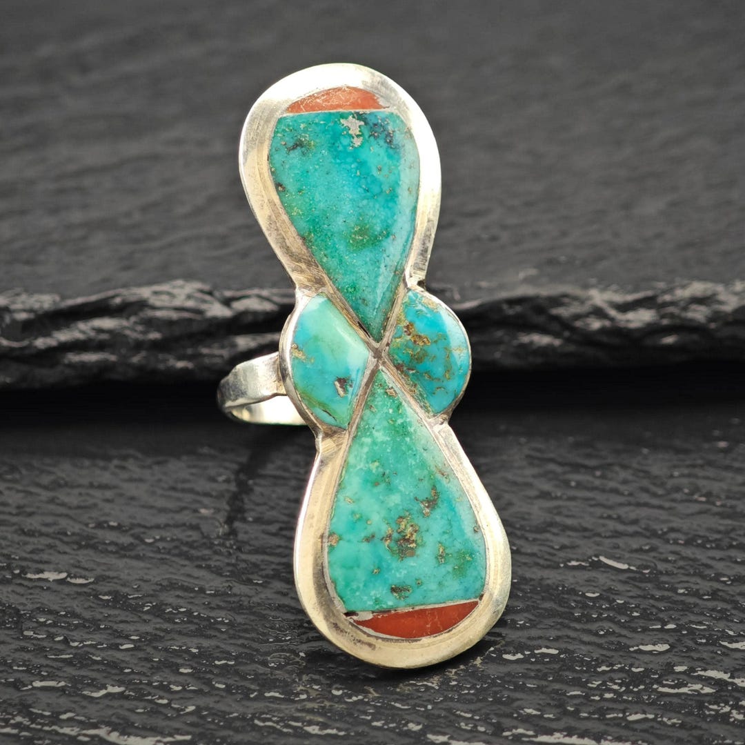 Large Turquoise, Coral Inlay Ring Sterling Silver Sz 8 - Etsy