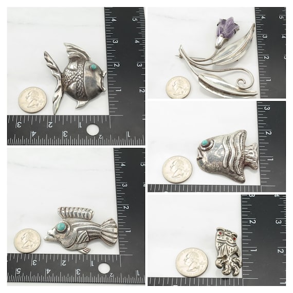 Choice Taxco Pre Eagle Sterling Silver Brooch Fish Flower Amethyst
