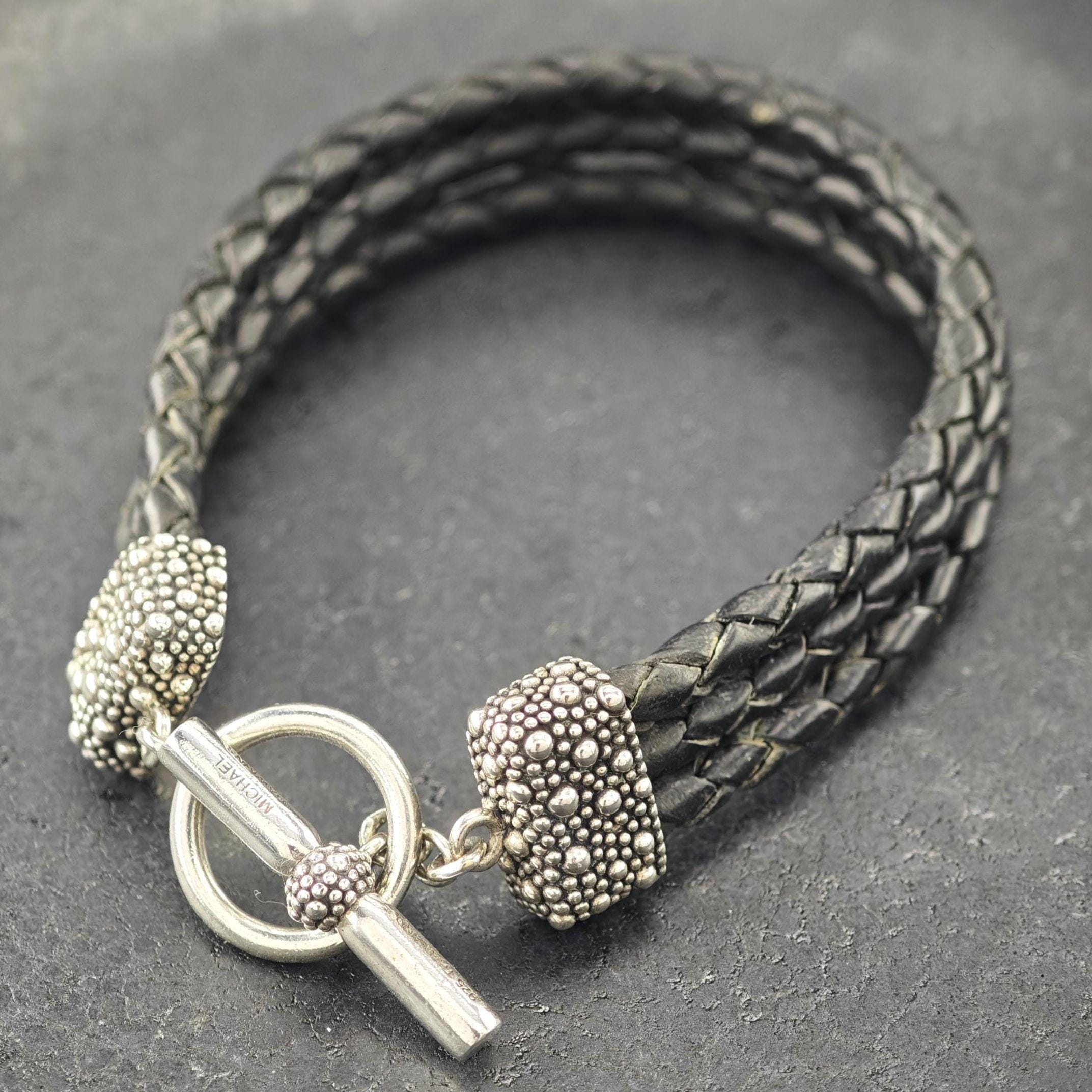 Leather Toggle Bracelet: Black Braided With Sterling Silver