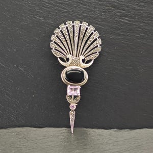 Art Deco Style Onyx, Amethyst, Marcasite Sterling Silver Brooch