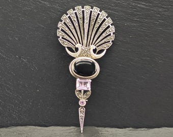 Art Deco Stil Onyx, Amethyst, Markasit Sterling Silber Brosche