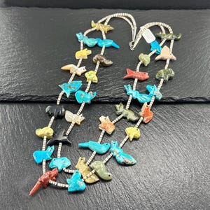 Vintage Zuni Turquoise, Multi Gem, Animal Carvings, Heishi, Bead, Sterling Silver Necklace