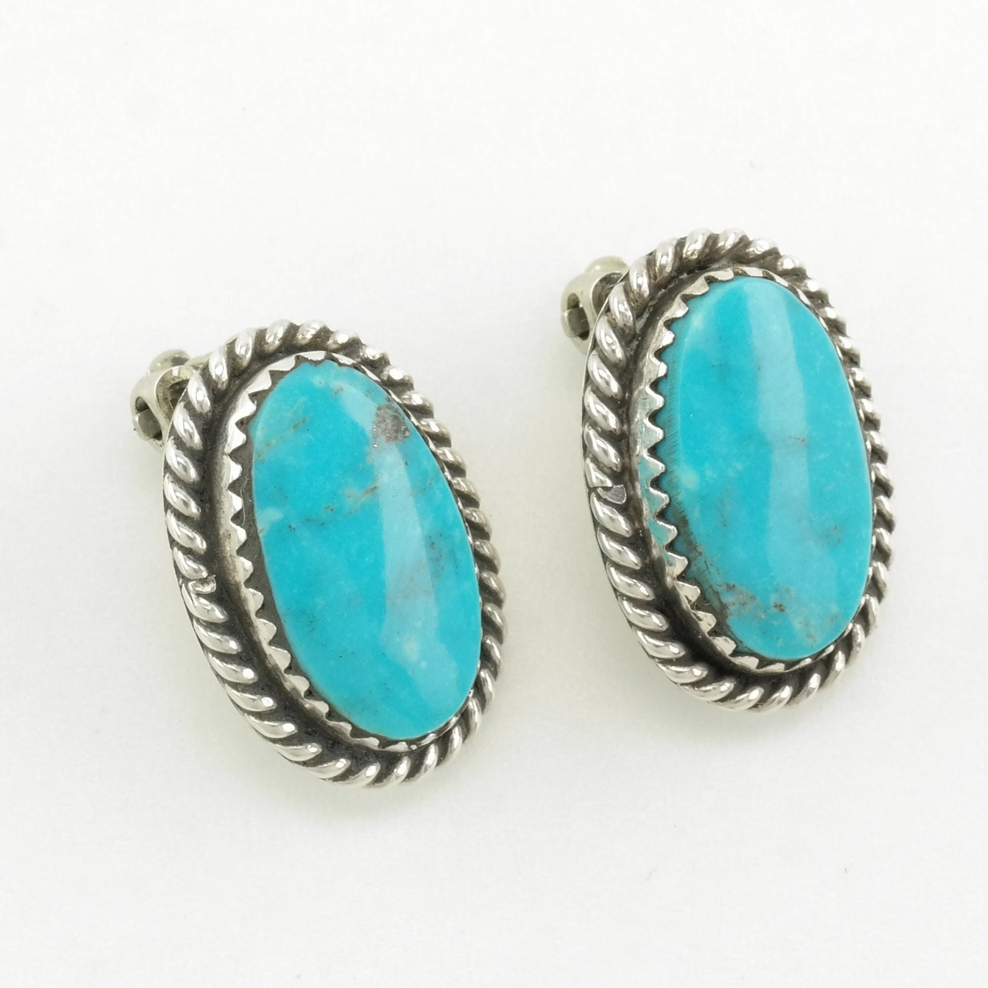 Dramatic Vintage Native American Zuni Turquoise Sterling Silver Spiral Earrings Dramatic Vintage Native American Zuni Turquoise Sterling Silver Spiral Earrings