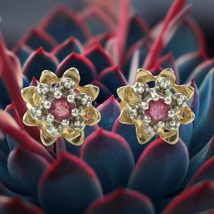 Vintage 14k Gold Stud Earrings Pink Ruby Floral