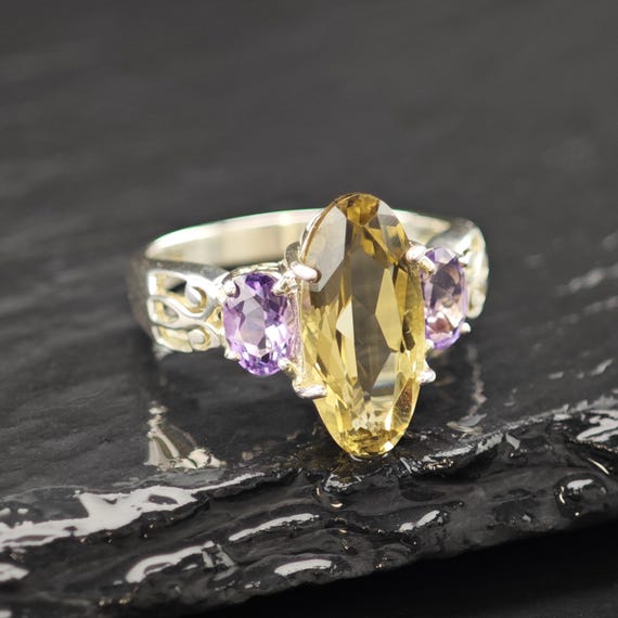 Sterling Silver Statement Ring: Amethyst & Citrin… - image 4