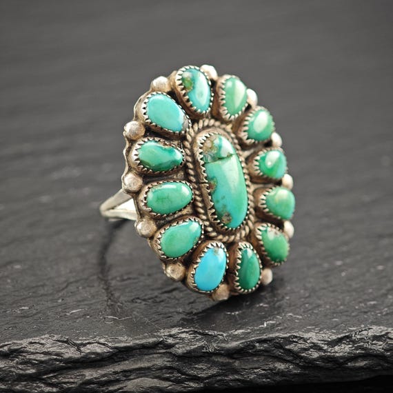 Green Turquoise Cluster Ring Native American Ster… - image 4