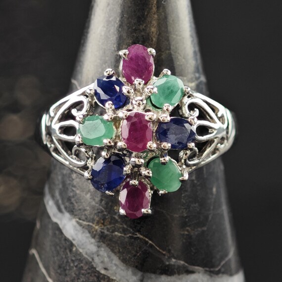 Sapphire Ruby Emerald Ring Sterling Silver Sz 6 3… - image 9